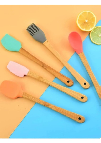 5'li Renkli Bambu Saplı Silikon Uçlu Spatula Fırçalı Kaşık Seti