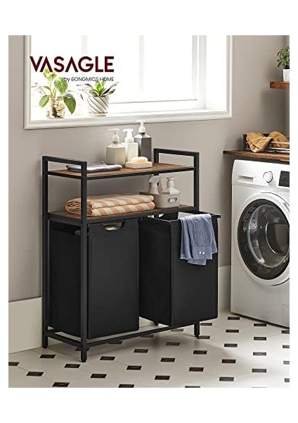 Çamaşır Sepeti, Çamaşır Kutusu, 2 Bölme, 2 Raf, Metal Çerçeve, 2 x 46 Litre, 73 x 33 x 91 Cm, Vintage Kahverengi-Siyah BLH211B01 modelleri