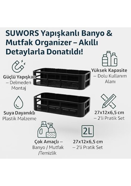 Duş Rafı - Paslanmaz Banyo Şampuanlık Organizer | Delmeden Montaj | Geniş Kapasiteli Duş Organizeri | Siyah Metal Raf - Banyo Mutfak Uyumlu modelleri