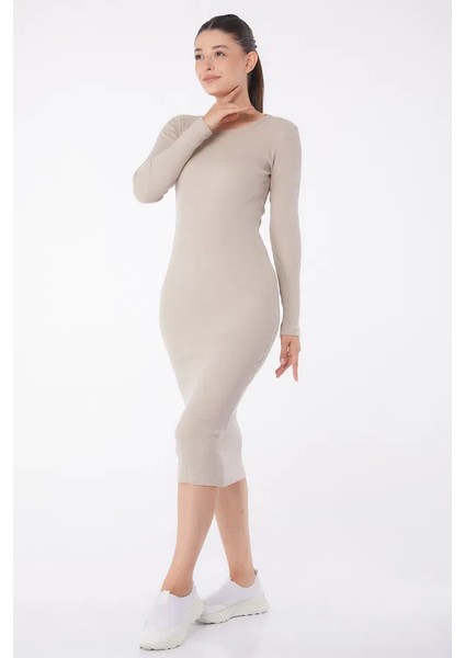 Düz Bisiklet Yaka Kadın Midi Elbise Bej