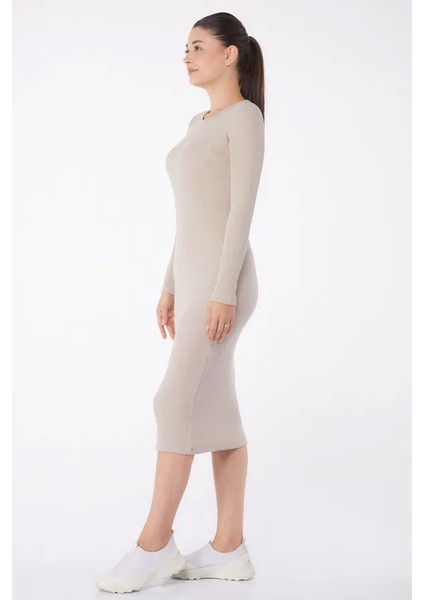 Düz Bisiklet Yaka Kadın Midi Elbise Bej fiyatları