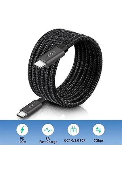 Solid 100W 5A Type C To Type C Hızlı Şarj ve Data Kablosu Halat Örgülü Space Gray Mbt (2 Metre) modelleri