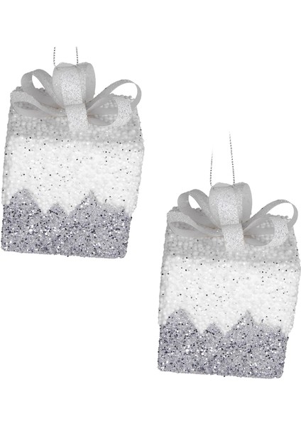 Yılbaşı Süsü Hediye Paketi Simli Kurdelalı 2'li Paket Gümüş-Beyaz 8 Cm.