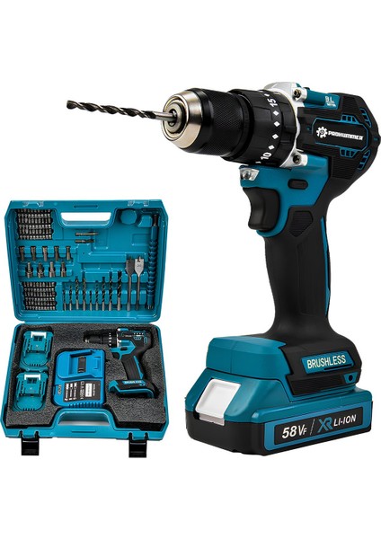 PH251 Kömürsüz 58VF 5AH Çelik Gövde Çelik Şanzıman Bakır Sargılı 5 Pilli Çift Akülü Vidalama Şarjlı Matkap 84 Parça