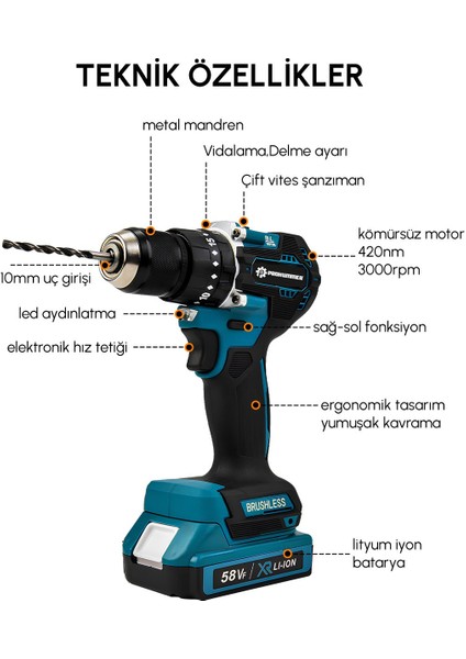 PH251 Kömürsüz 58VF 5AH Çelik Gövde Çelik Şanzıman Bakır Sargılı 5 Pilli Çift Akülü Vidalama Şarjlı Matkap 84 Parça fırsatları