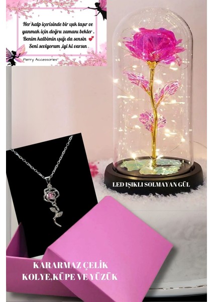 LED Işıklı Solmayan Sonsuzluk Gülü ve Pembe Taş Kararmaz Çelik Kolye Yüzük Küpe Seti