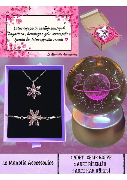 Zirkon Taş Çelik Lotus Kolye Bileklik Seti ve Renk Değiştiren 3D Satürn Kız Kar Küresi Sevgililer
