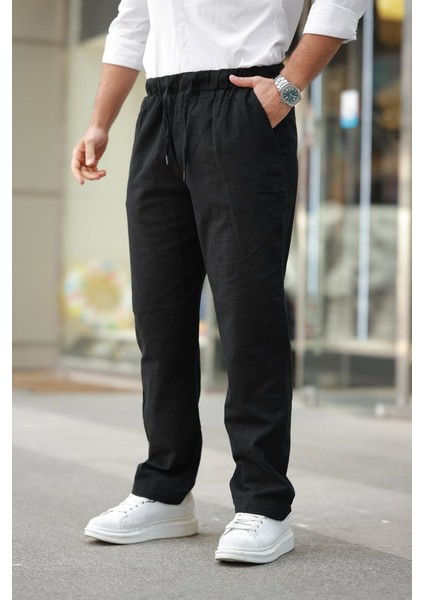 Erkek Beli Lastikli Keten Rahat Pantolon