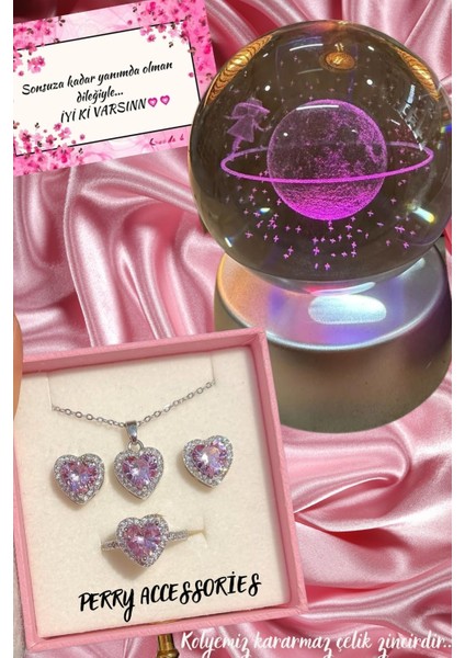 Kararmaz Çelik Pembe Kalp Kolye Küpe Yüzük Seti ve 3D Satürn Kız Kar Küresi Love Hediye Seti