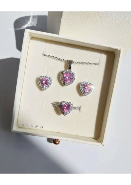 Kararmaz Çelik Pembe Kalp Kolye Küpe Yüzük Seti ve 3D Satürn Kız Kar Küresi Love Hediye Seti