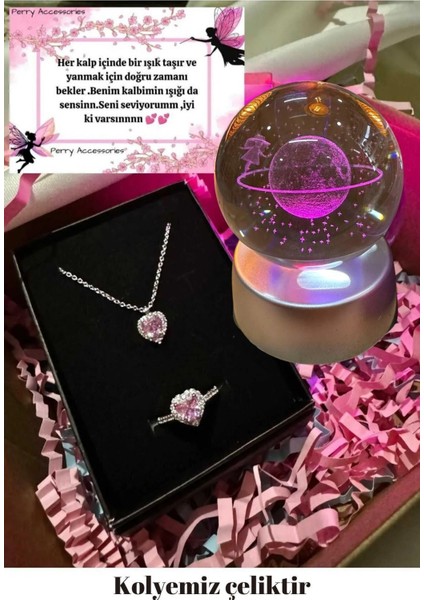 Çelik Kararmaz Pembe Kalp Kolye Yüzük Set ve Renk Değiştiren LED Işıklı 3D Satürn Kız Kar Küre