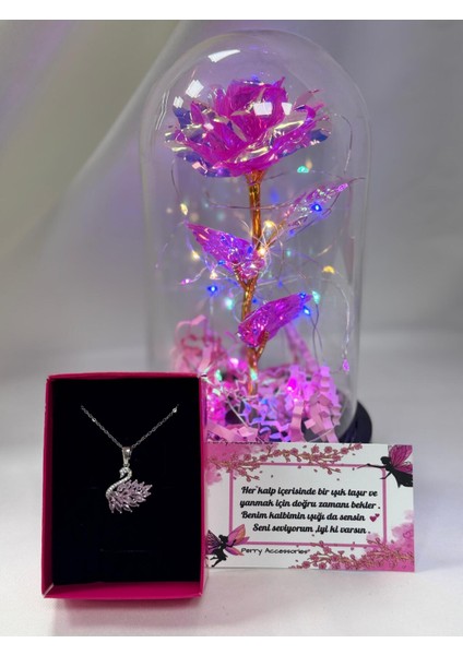 Solmayan Sonsuzluk Gülü ve Kararmaz Çelik Pembe Kuğu Kolye Sevgiliye Hediyelik Set Hediye Sepeti