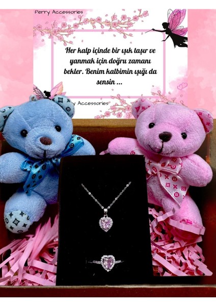 Çift Ayıcıklı Çelik Pembe Kalp Kolye Yüzük Setli Sevgililer Günü Hediyesi Kombin Hediyelik