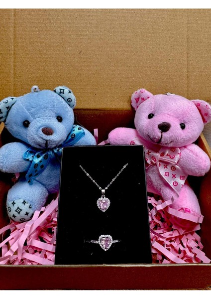 Çift Ayıcıklı Çelik Pembe Kalp Kolye Yüzük Setli Sevgililer Günü Hediyesi Kombin Hediyelik fiyatları