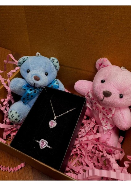 Çift Ayıcıklı Çelik Pembe Kalp Kolye Yüzük Setli Sevgililer Günü Hediyesi Kombin Hediyelik modelleri