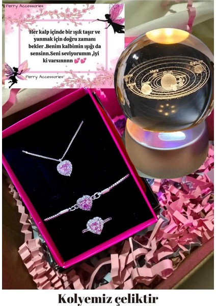 3D Satürn Gezegen Küre ve Çelik Pembe Kalp Kolye Bileklik Yüzük Seti Hediyelik Set