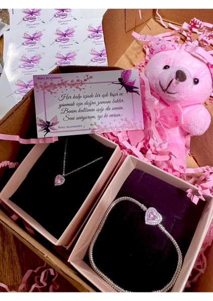 Pembe Kalp Kolye ,çelik Bileklik ve Ayıcık Seti Sevgililer Gününe Özel Hediyelik Set