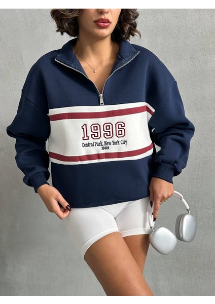 Kadın Fermuarlı Dik Yaka 1996 Retro 3 Iplik Şardonlu Sweatshirt