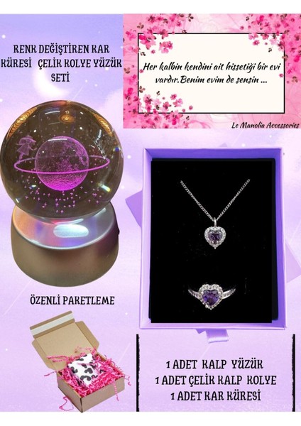 Sevgililer Gününe Özel Hediye Seti Çelik Kalp Kolye Yüzük ve Renk Değiştiren Satürn Küre Hediye