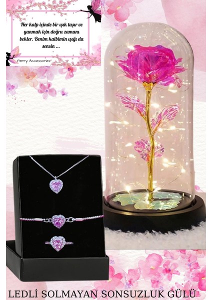 Kararmaz Çelik Pembe Kolye Bileklik ve Yüzük Seti ve Işıklı Fanus Pembe Solmayan Gül Sonsuzluk Gül