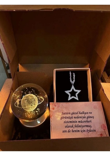 Kararmaz Çelik Zirkon Yıldız Kolye ve 3D Satürn Kız Şıklı Kar Küresi Hediye Seti Sevgiliye Hediyelik