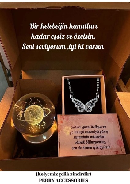 Çelik Kararmaz Kelebek Kolye ve 3D Renk Değiştiren Satürn Kız Kar Küresi Set Anneler Günü Hediye