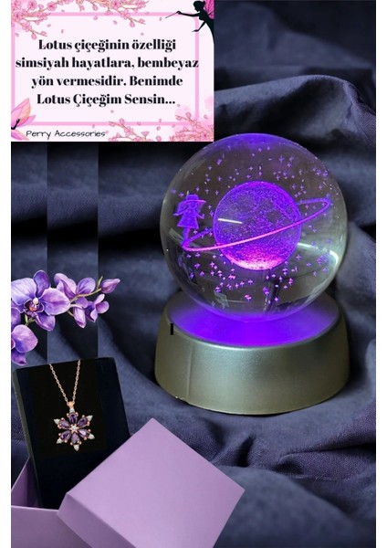 Kararmaz Çelik Mor Lotus Kolye 3D Satürn Kız Renk Değiştiren Küre Hediye Seti Yıldönümü Hediye