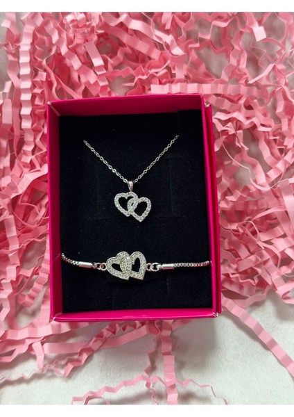 Kararmaz Çelik Çift Kalp Kolye ve Bileklik Hediye Seti Özel Sevgili Hediye Çelik Kolye Bileklik