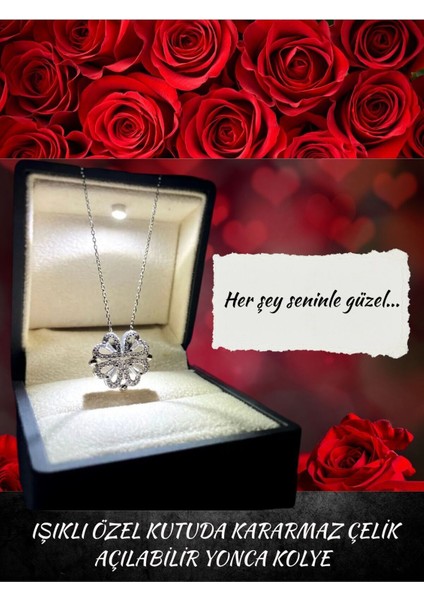 Işıklı Özel Hediye Kutusunda Açılabilir Dört Yapraklı Kararmaz Çelik Yonca Kolye Hediye Seti