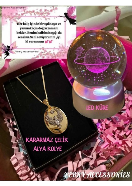 Kararmaz Çelik Alya Anka Kuşu Kolye ( Foto Koyulabilir)Ve LED Işıklı Satürn Kar Küresi Seti