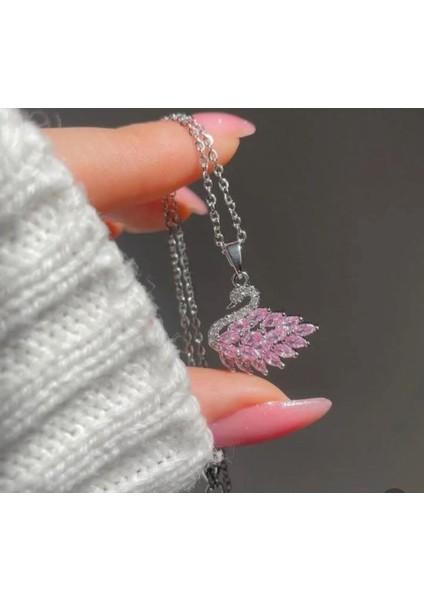 Işıklı Kutuda Kararmaz Çelik Pembe Zirkon Taş Kuğu Kolye Hediye Seti Sevgiliye Hediye Seti modelleri