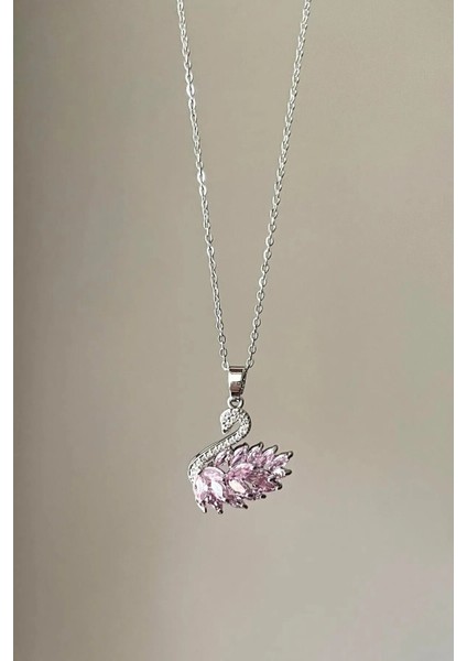 Işıklı Kutuda Kararmaz Çelik Pembe Zirkon Taş Kuğu Kolye Hediye Seti Sevgiliye Hediye Seti