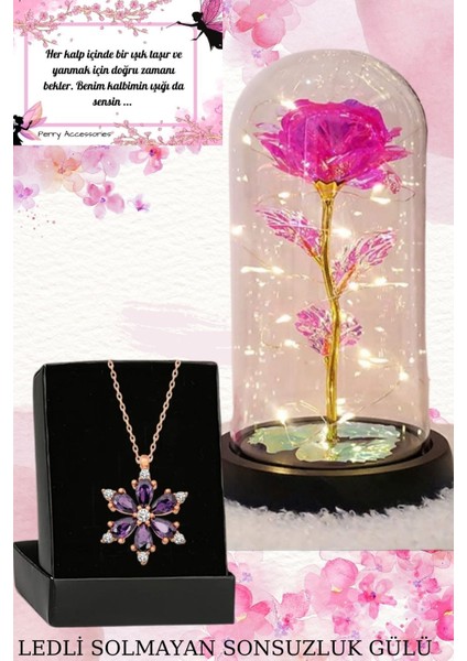 Çelik Lotus Kolye ve Fanus Içerisinde Pembe Solmayan Sonsuzluk Gülü Hediyelik Set fiyatları