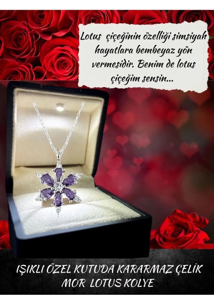 Işıklı Özel Hediye Kutusunda Mor Lotus Kolye Kararmaz Çelik Lotus Kolye Hediye Seti