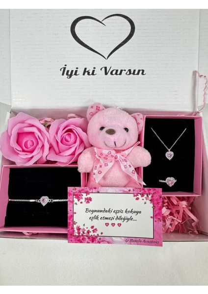 Kararmaz Çelik Pembe Kalp Kolye Bileklik Yüzük Seti ,ayıcık ve Kokulu Gül Sevgiliye Hediye Seti modelleri