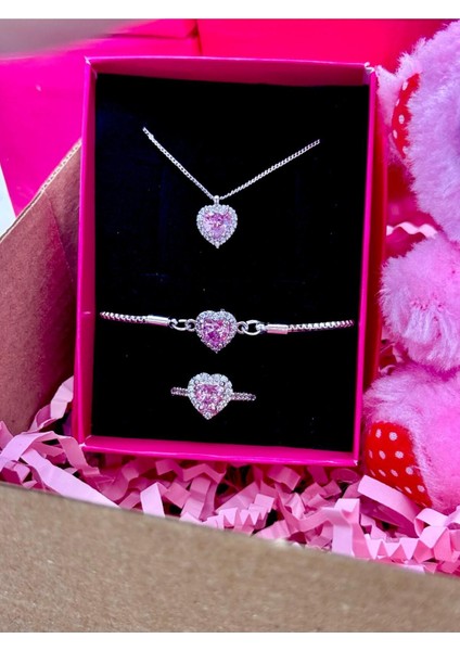 Kararmaz Çelik Pembe Kalp Kolye Bileklik Yüzük Seti ,ayıcık ve Kokulu Gül Sevgiliye Hediye Seti