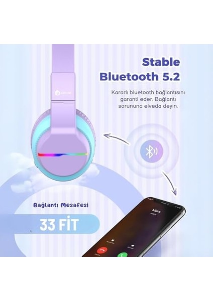 LED Işıklı Güvenli Ses Sınırlı 85 Saat Oynatma Süreli Bluetooth Çocuk Kulaklığı Lila Mavi fiyatları