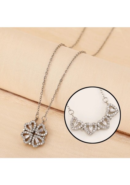 Işıklı Kutuda Kararmaz Çelik Dört Yapraklı Mıknatıslı Yonca Kolye ve Yüzük Sevgiliye Hediye Seti