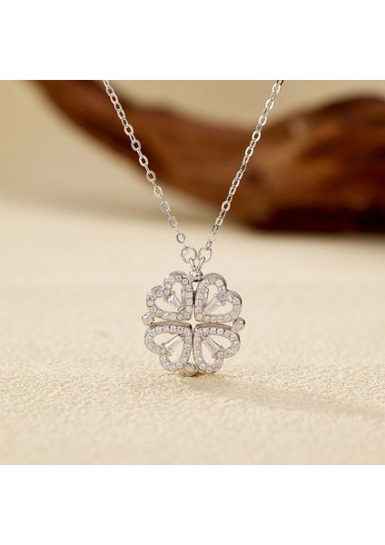 Işıklı Kutuda Kararmaz Çelik Dört Yapraklı Mıknatıslı Yonca Kolye ve Yüzük Sevgiliye Hediye Seti