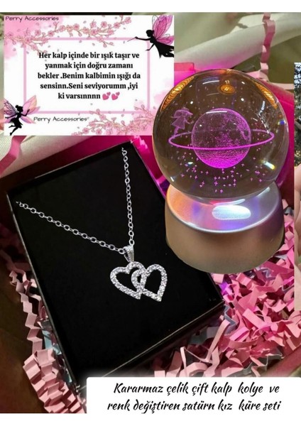 Kararmaz Çelik Çift Kalp Kolye Iç Içe Geçen Kalp Kolye ve Satürn Kız Küre Seti Konsept Sevgiliye