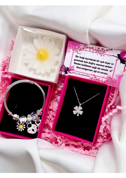 Kararmaz Çelik Yonca Kolye ,çelik Charmlı Bileklik ve Papatya Mum Hediye Seti Anneler Günü Set indirimleri