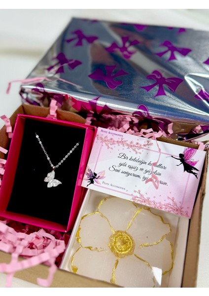 Kararmaz Çelik Kelebek Kolye ve Boyalı Sarmaşık Çiçek Mum Hediye Seti Anneler Gününe Özel Hediye