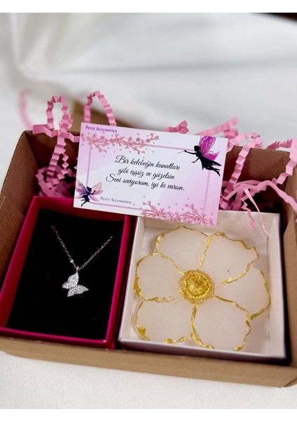 Kararmaz Çelik Kelebek Kolye ve Boyalı Sarmaşık Çiçek Mum Hediye Seti Anneler Gününe Özel Hediye fiyatları