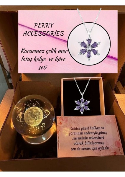Kararmaz Mor Çelik Lotus Kolye ve 3D Satürn Kız Kar Küresi Renk Değiştiren Küre Hediyelik