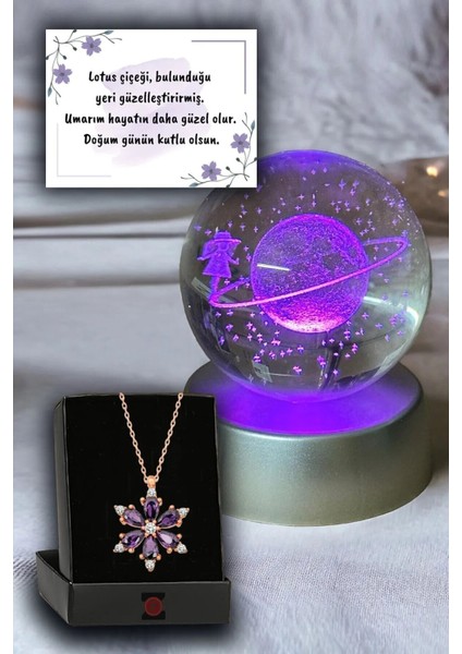 Kararmaz Mor Çelik Lotus Kolye ve 3D Satürn Kız Kar Küresi Renk Değiştiren Küre Hediyelik fiyatları