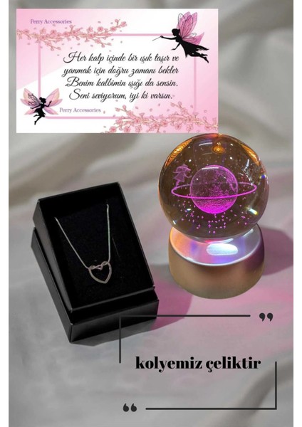 Düğüm Çelik Kalp Kolye ve Renk Değiştiren Küre 3D Kalp Küre Sevgiliye Hediyelik Kombin Set