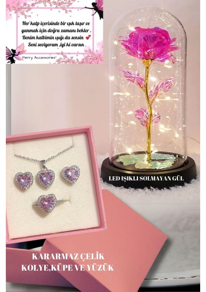 LED Işıklı Solmayan Sonsuzluk Gülü ve Pembe Taş Kararmaz Çelik Kolye Yüzük Küpe Seti