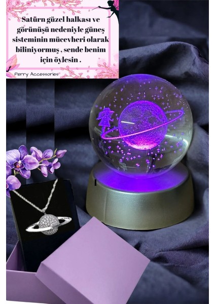 Çelik Satürn Kolye ve 3D Satürn Kız Renk Değiştiren Kar Küresi Yıldönümü Doğum Günü Özel Hediye