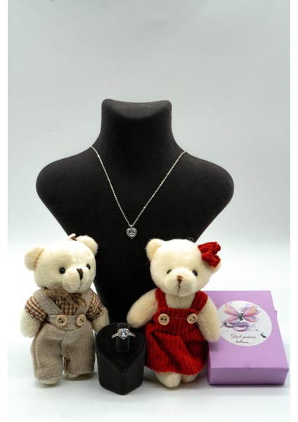 Gümüş Kararmaz Çelik Zirkon Kalp Kolye Ikili Sevgili Ayıcık Seti Sevgililer Günü Hediyelik