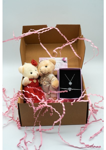 Gümüş Kararmaz Çelik Zirkon Kalp Kolye Ikili Sevgili Ayıcık Seti Sevgililer Günü Hediyelik modelleri